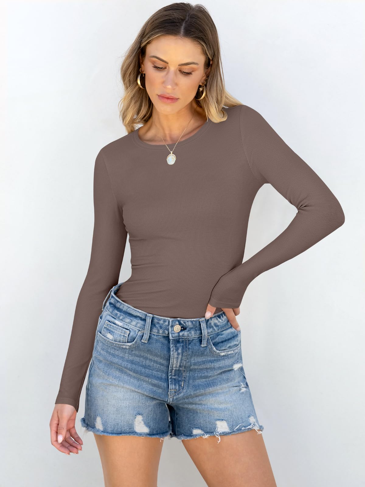 Women Long Sleeve Crewneck Rib Knit Slim Fit Shirts Basic Tee Tops