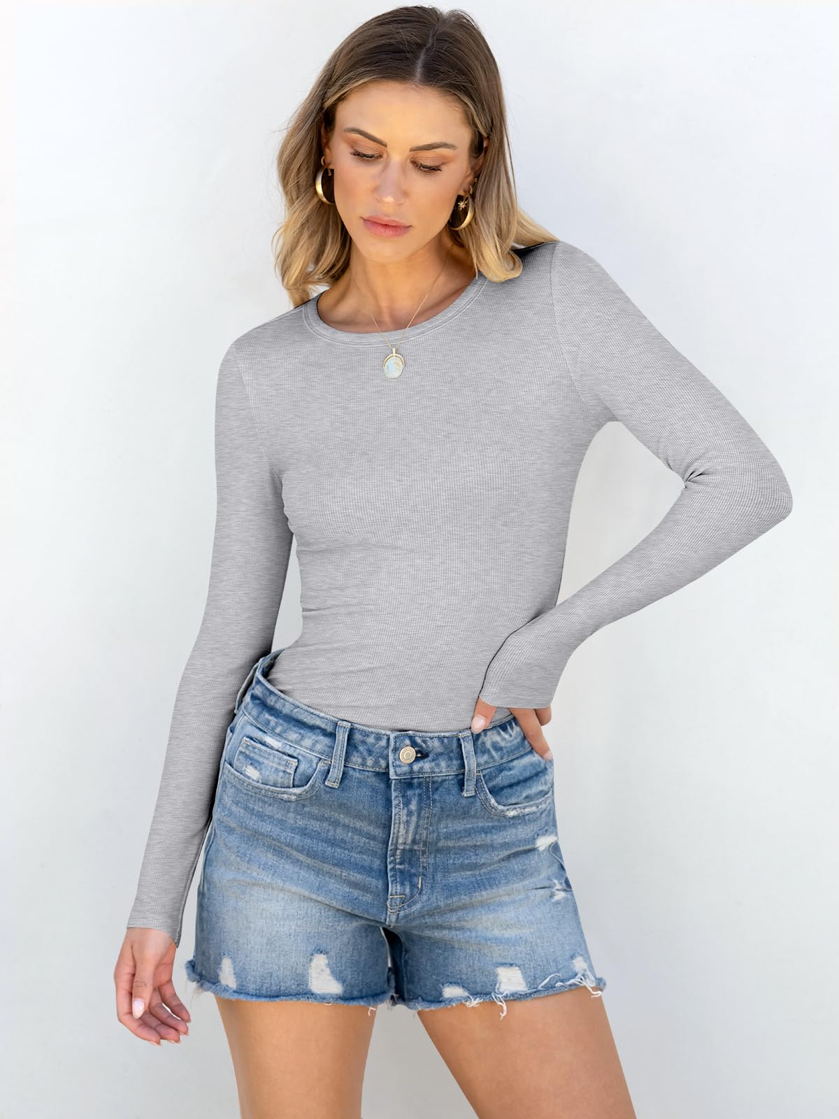 Women Long Sleeve Crewneck Rib Knit Slim Fit Shirts Basic Tee Tops