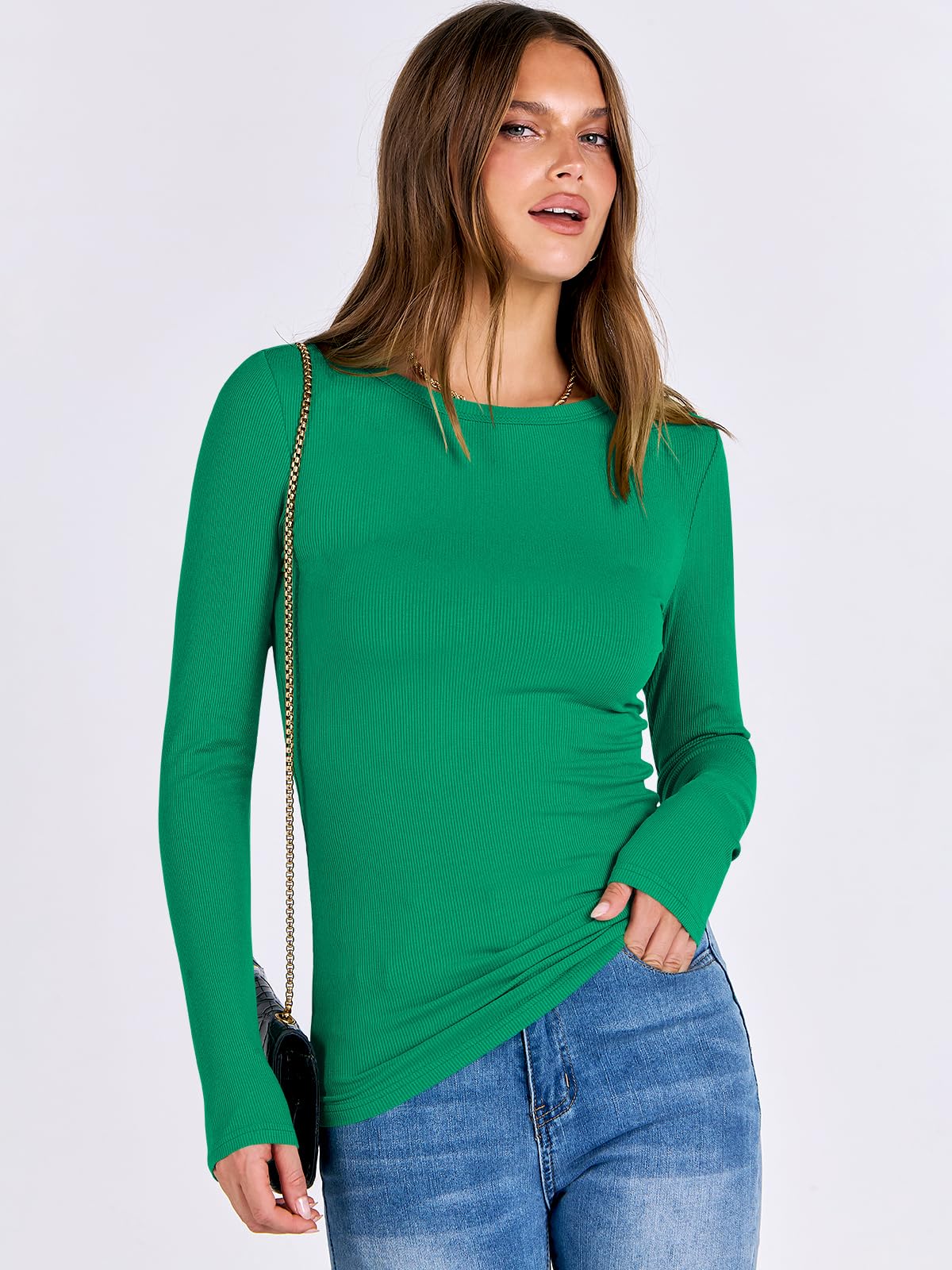 Women Long Sleeve Crewneck Rib Knit Slim Fit Shirts Basic Tee Tops