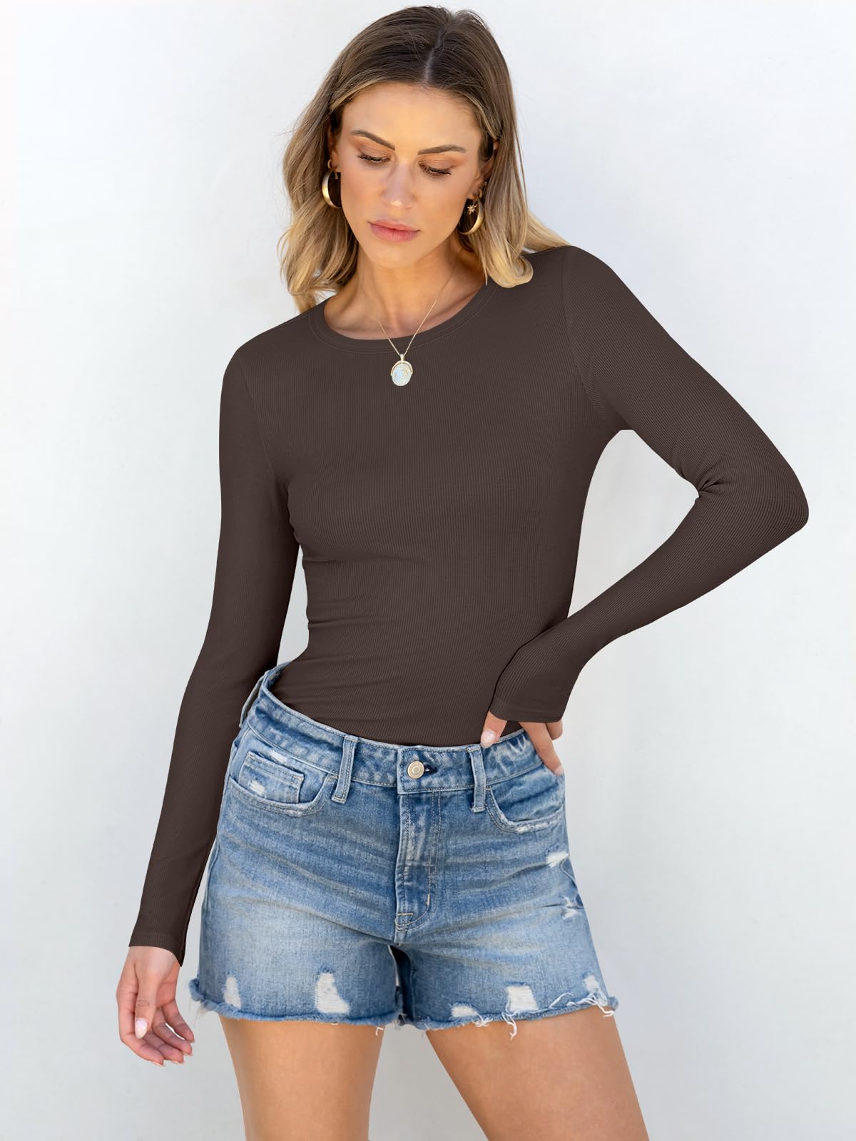 Women Long Sleeve Crewneck Rib Knit Slim Fit Shirts Basic Tee Tops