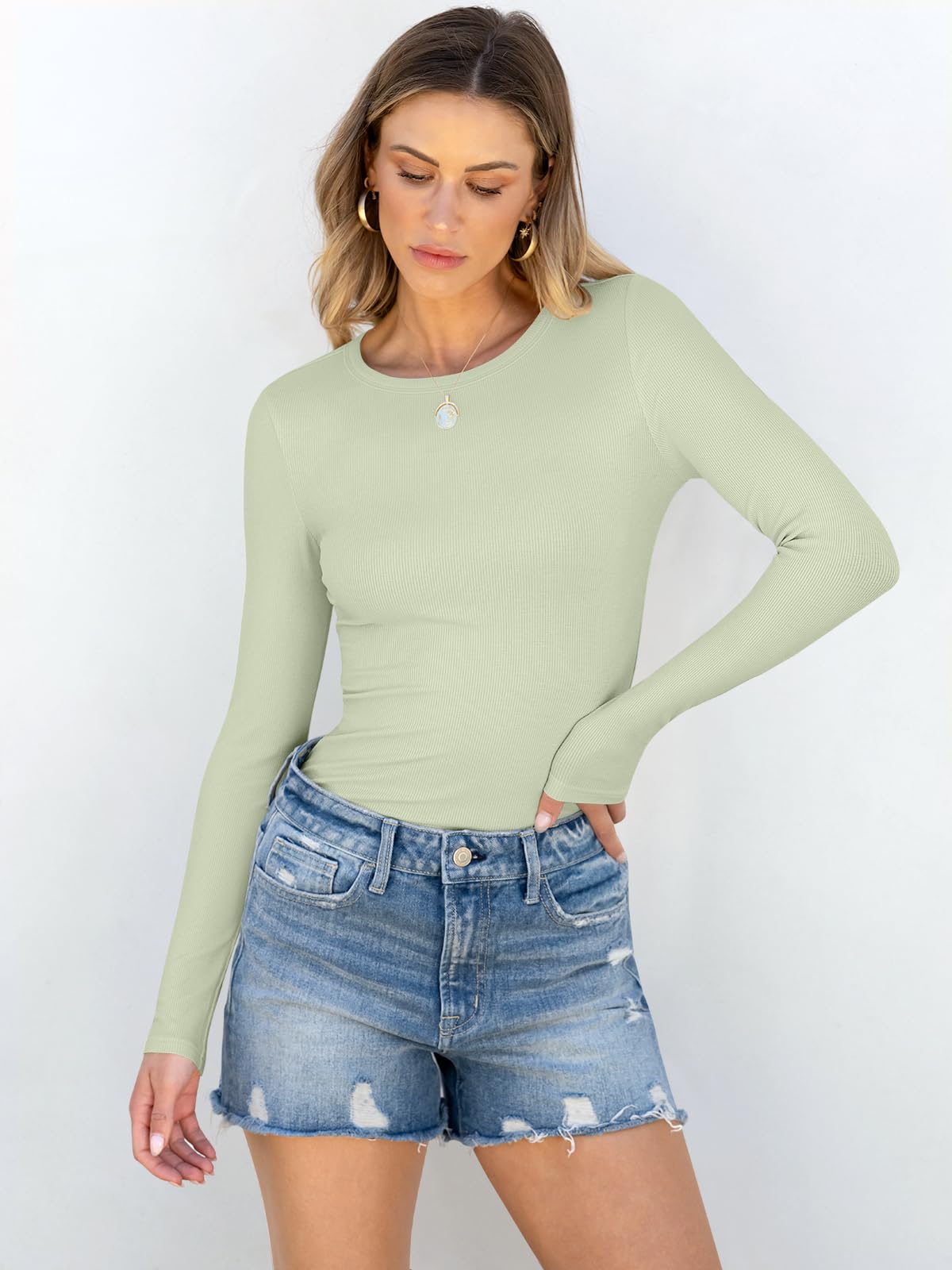 Women Long Sleeve Crewneck Rib Knit Slim Fit Shirts Basic Tee Tops