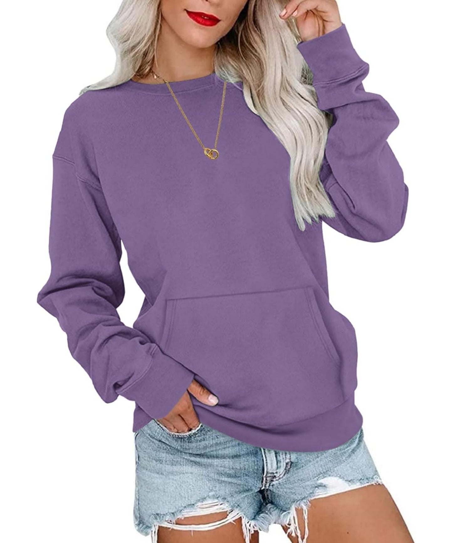 Basic Round Neck Loose Sweatshirt With Pockets (Buy 2 Free Shipping)