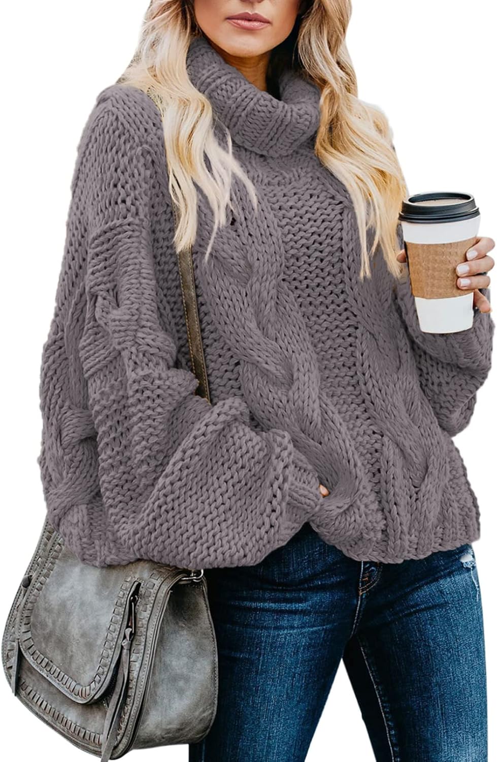 Womens 2024 Winter Fall Solid Turtleneck High Neck Balloon Long Sleeve Sweaters Pullover Outerwear