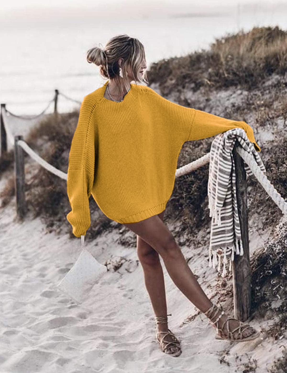 Women's Oversized Sweaters Batwing Sleeve Mock Neck Jumper Tops