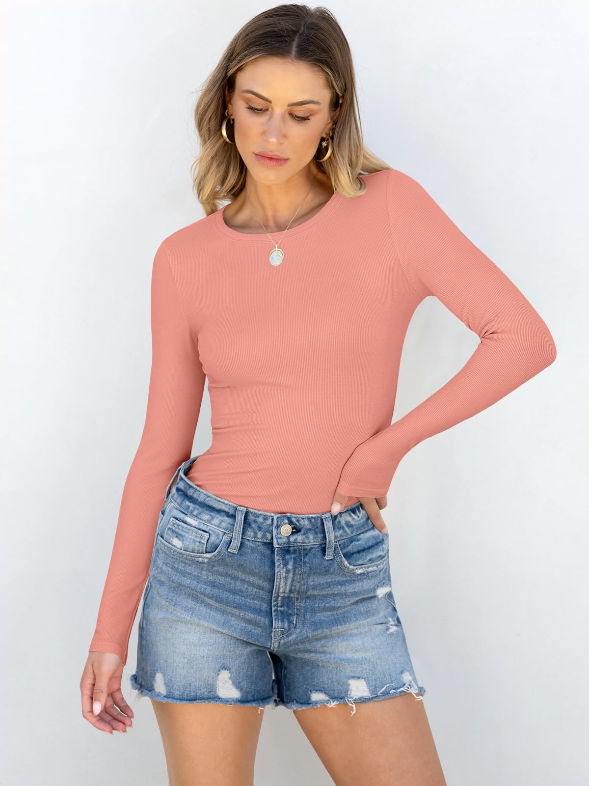 Women Long Sleeve Crewneck Rib Knit Slim Fit Shirts Basic Tee Tops
