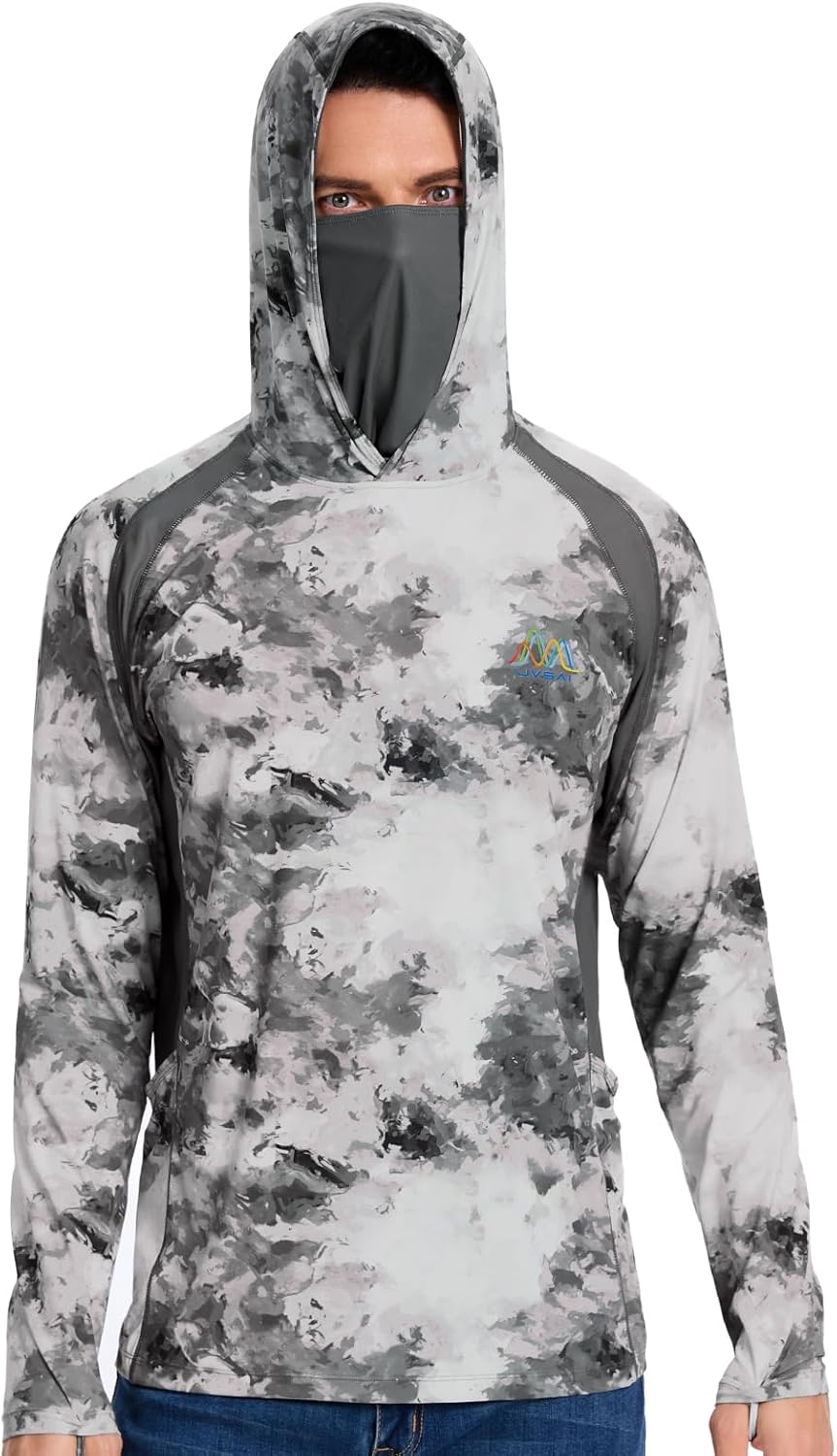 Men's UPF 50+ Hoodie Shirt with Mask Long Sleeve Permanent UV Sun Protection Neck Gaiter Performance T for Outdoor