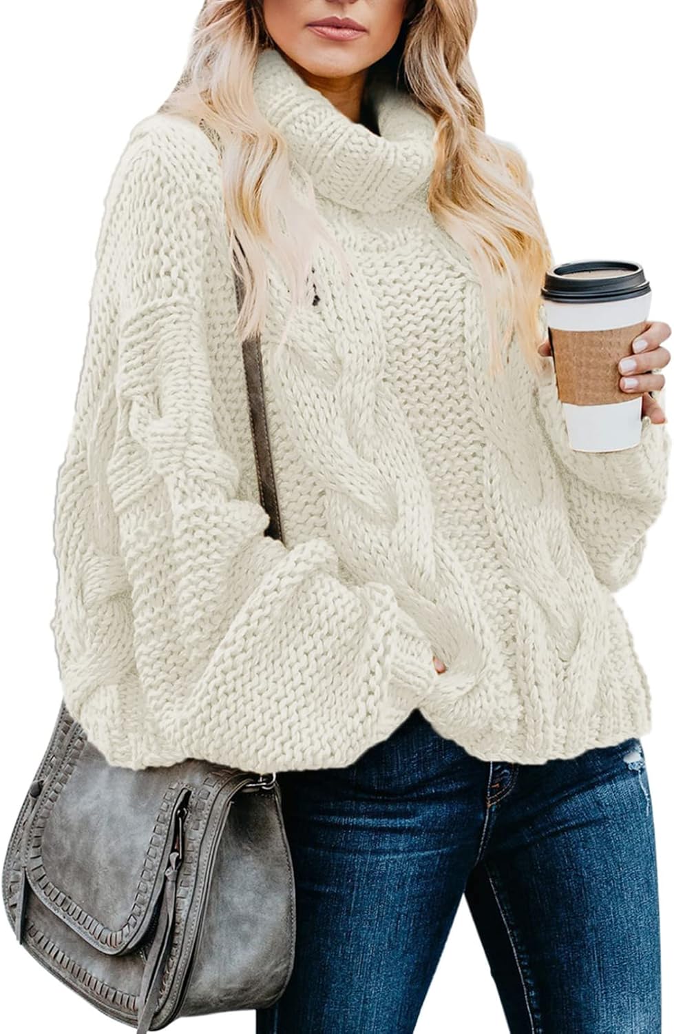 Womens 2024 Winter Fall Solid Turtleneck High Neck Balloon Long Sleeve Sweaters Pullover Outerwear