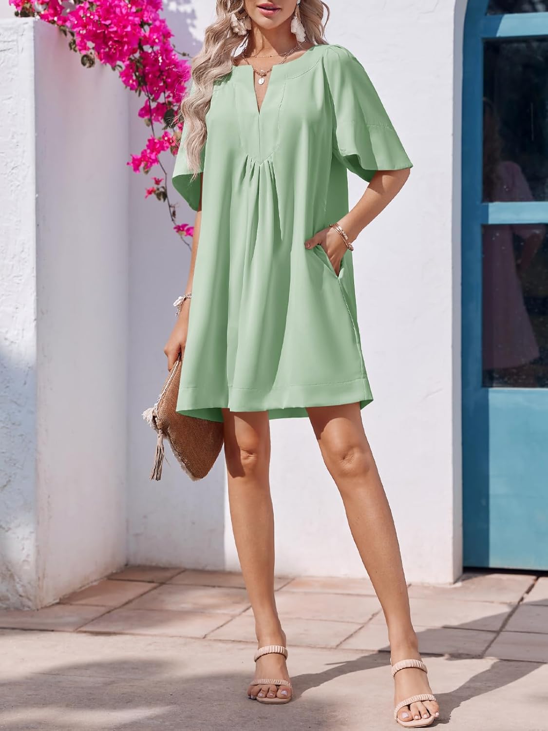 V-Neck Loose Flared Short-Sleeved Pleated Back Dress (Buy 2 Free Shipping)