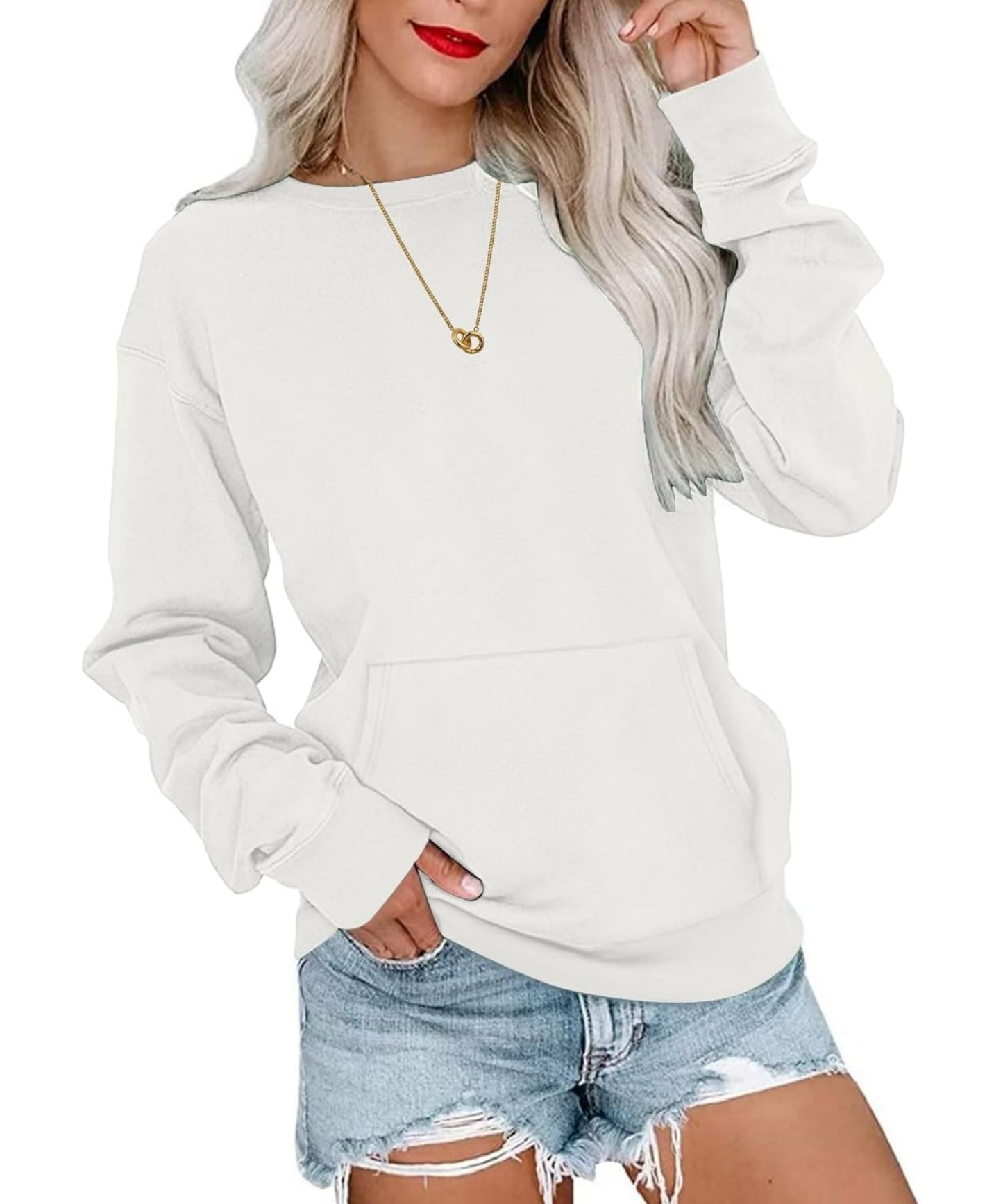 Basic Round Neck Loose Sweatshirt With Pockets (Buy 2 Free Shipping)