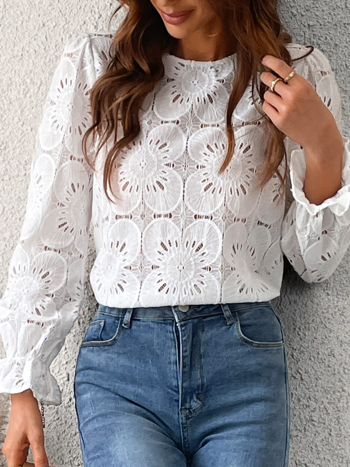 Women Eyelet Long Sleeve Tops