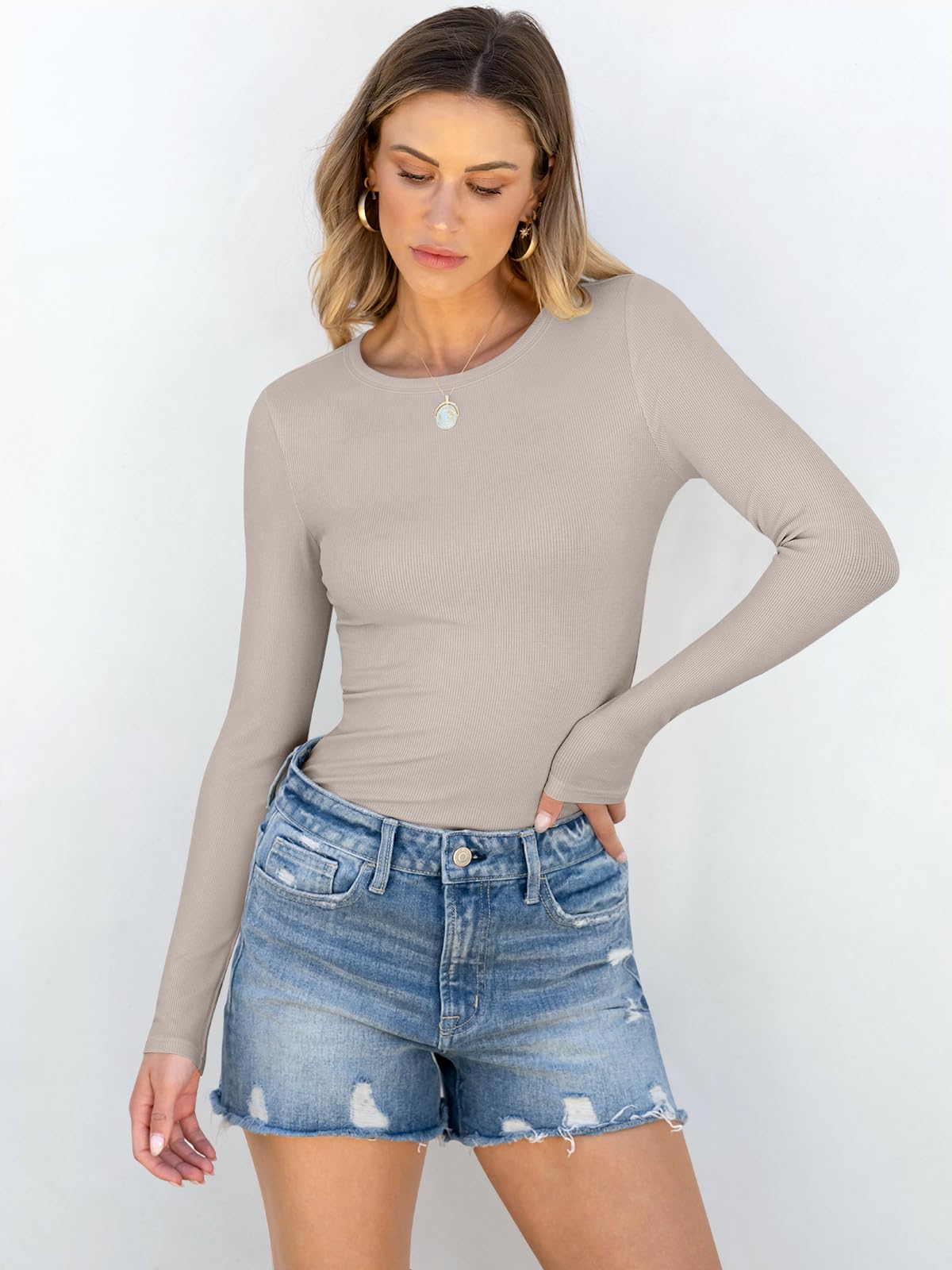 Women Long Sleeve Crewneck Rib Knit Slim Fit Shirts Basic Tee Tops