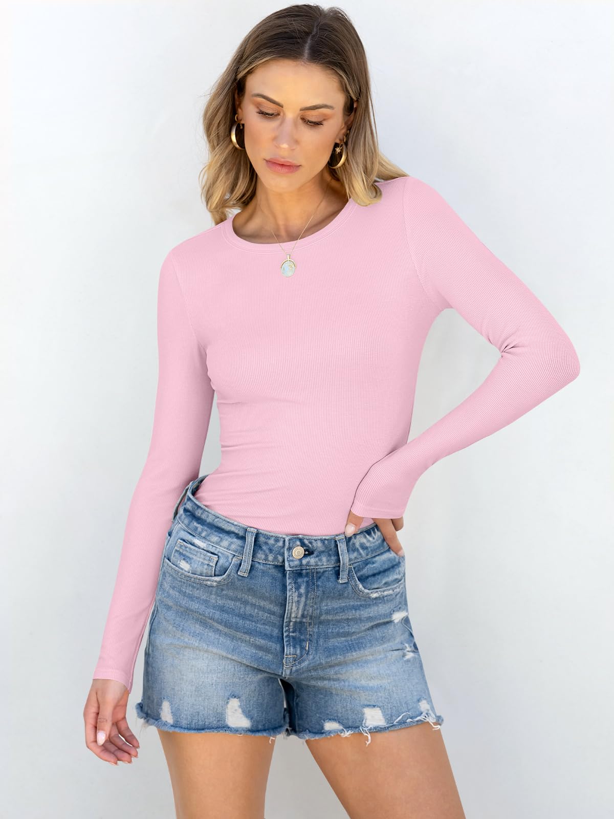 Women Long Sleeve Crewneck Rib Knit Slim Fit Shirts Basic Tee Tops