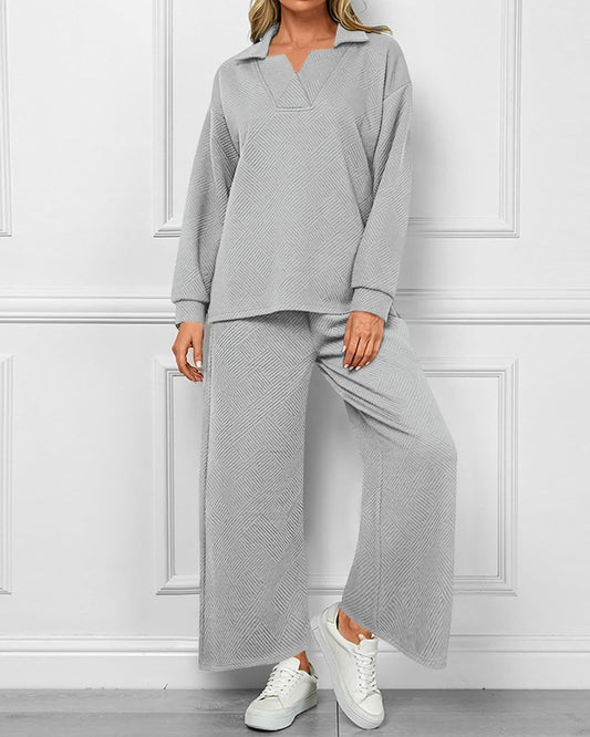 Textured V Neck Pullover Wide Leg Pants Lounge Set (Buy 2 Free Shipping)