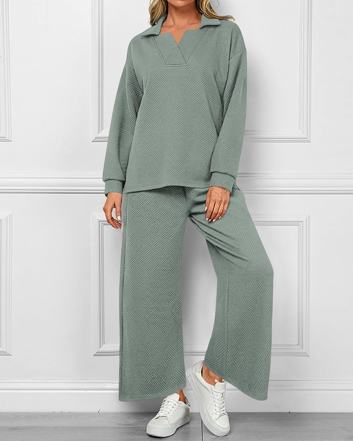 Textured V Neck Pullover Wide Leg Pants Lounge Set (Buy 2 Free Shipping)