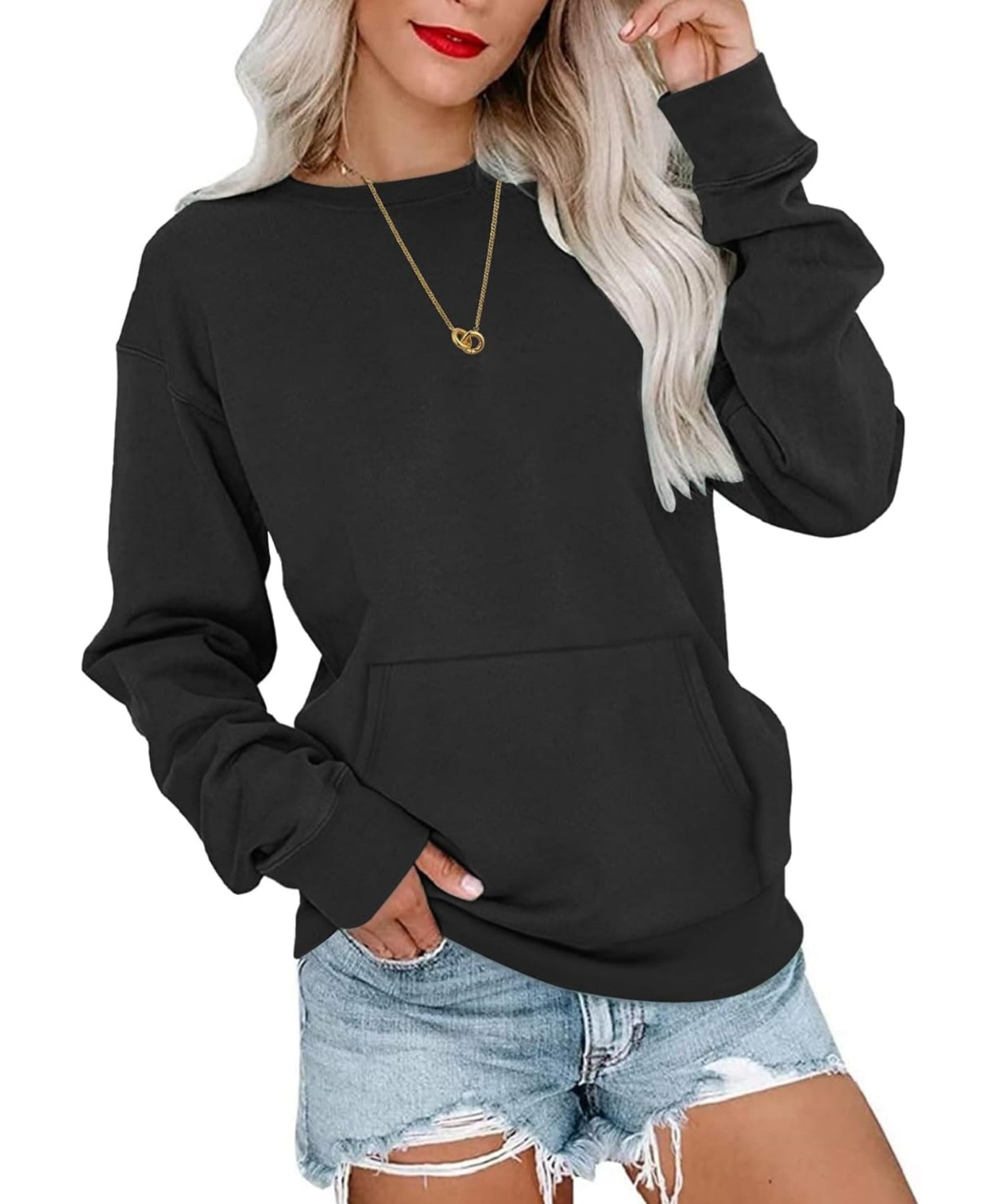 Basic Round Neck Loose Sweatshirt With Pockets (Buy 2 Free Shipping)
