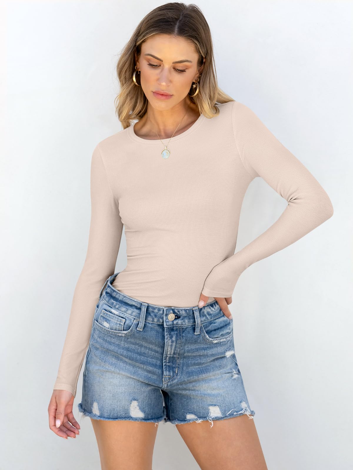 Women Long Sleeve Crewneck Rib Knit Slim Fit Shirts Basic Tee Tops