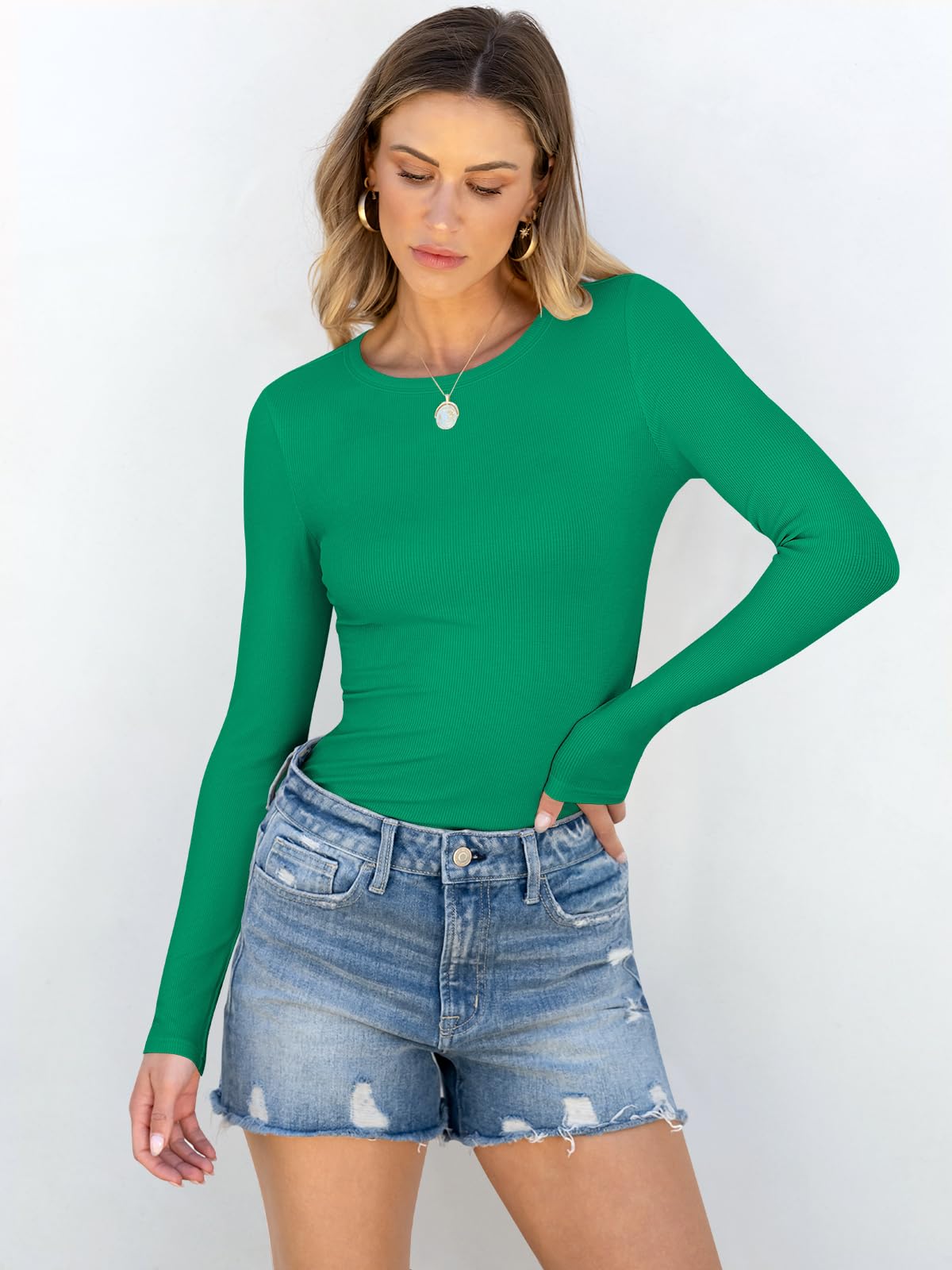 Women Long Sleeve Crewneck Rib Knit Slim Fit Shirts Basic Tee Tops