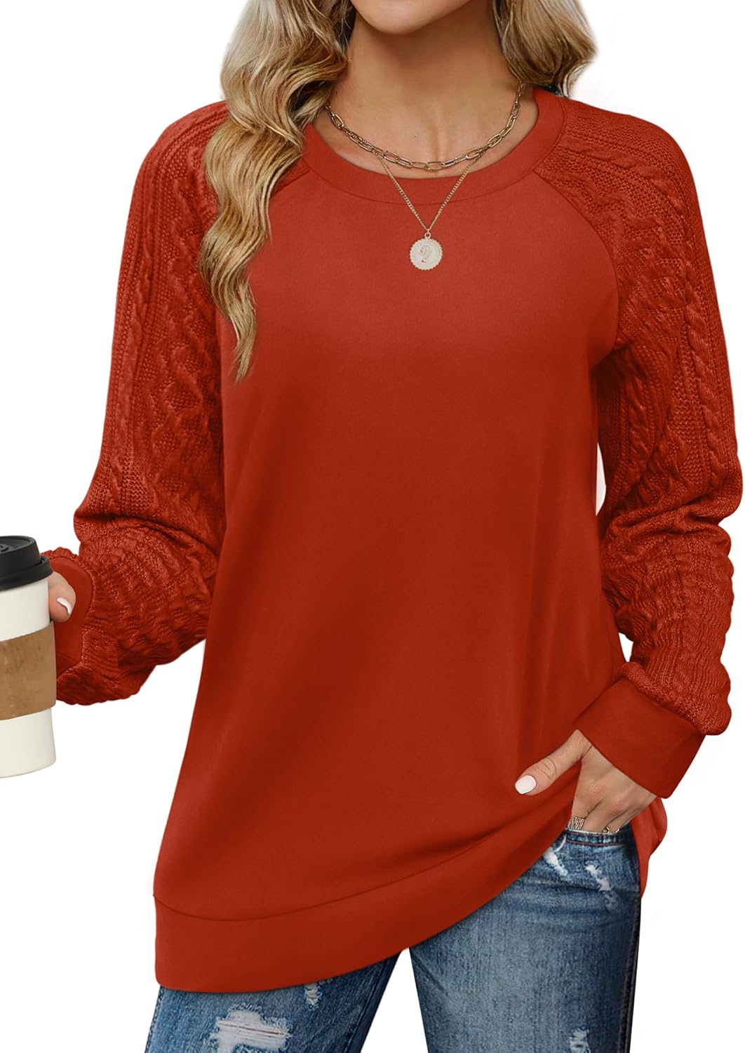 Saloogoe Sweatshirts for Women Crewneck Cable Knit Sleeve Sweaters Lightweight Fashion