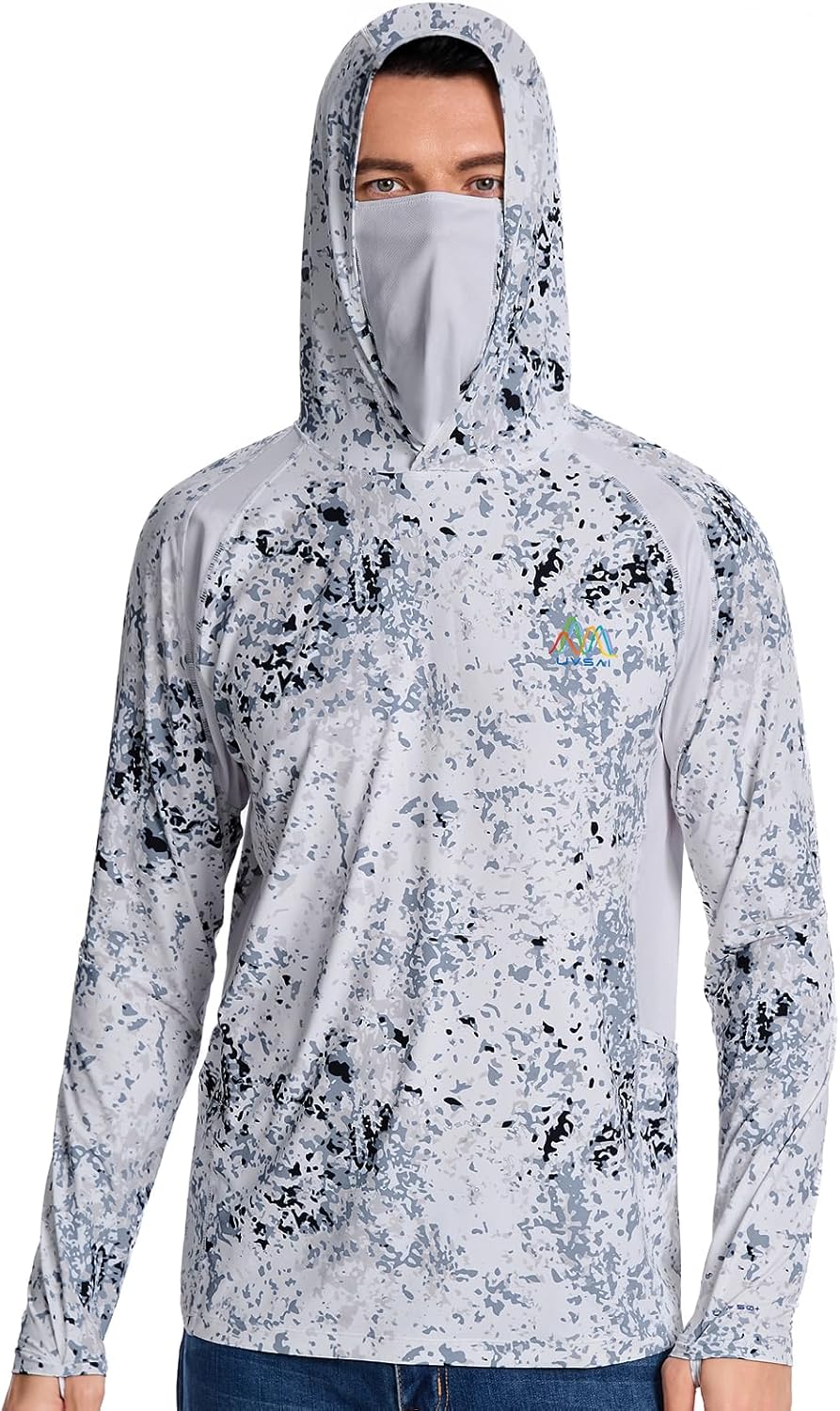 Men's UPF 50+ Hoodie Shirt with Mask Long Sleeve Permanent UV Sun Protection Neck Gaiter Performance T for Outdoor