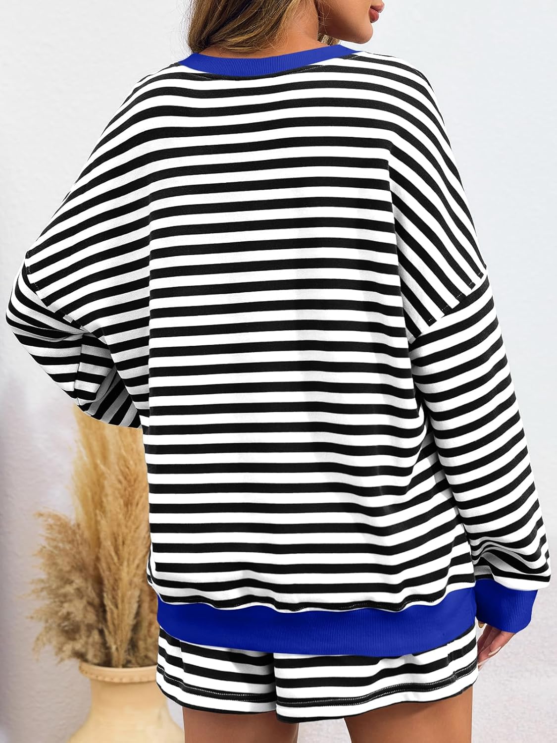 Striped Casual V-Neck Oversized Sweatshirt And Drawstring Shorts Set (Buy 2 Free Shipping)