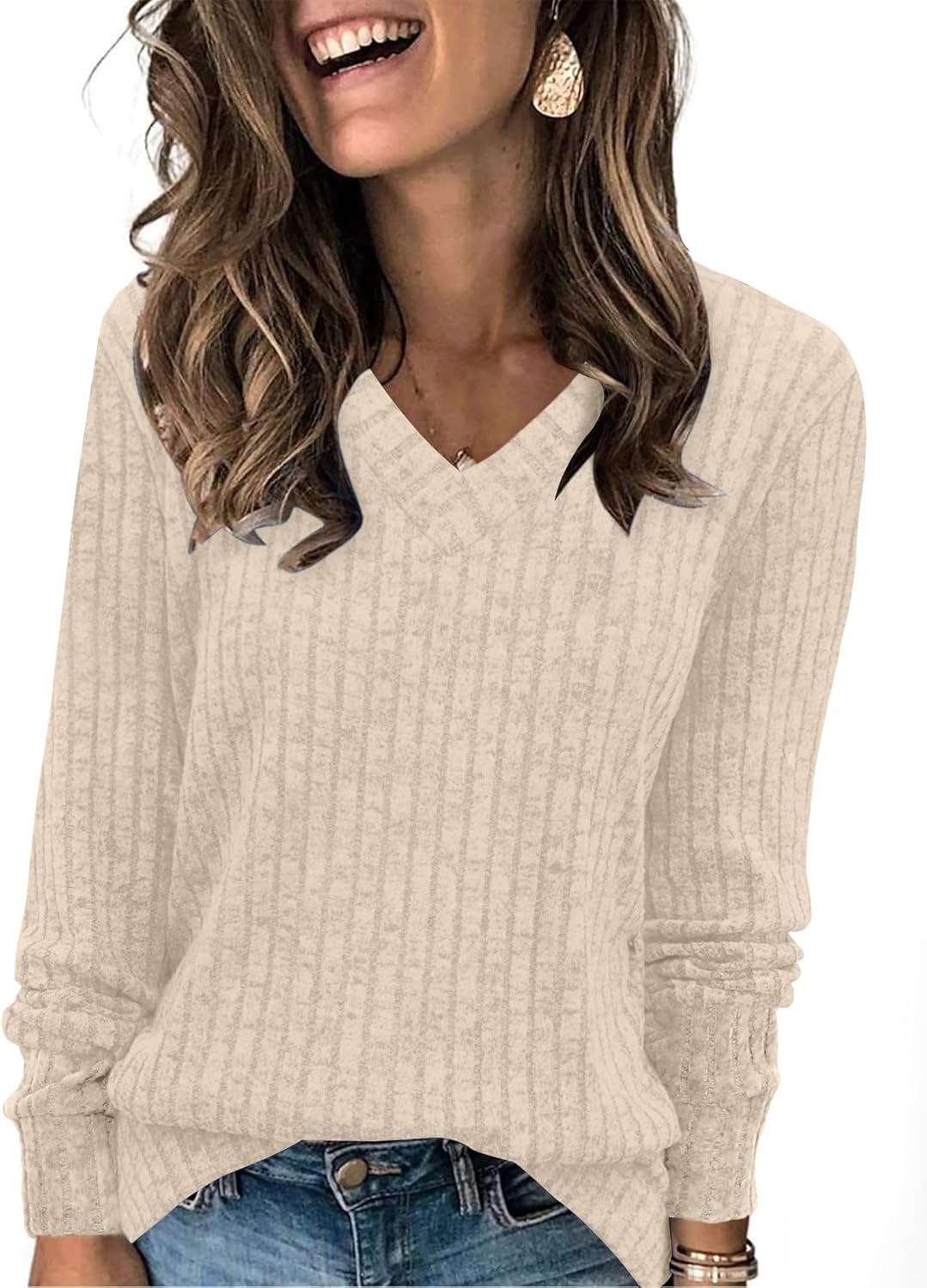 V Neck Long Sleeve Shirts for Women Casual Fall Tops Lightweight Tunic Sweaters Fashion Clothes 2024