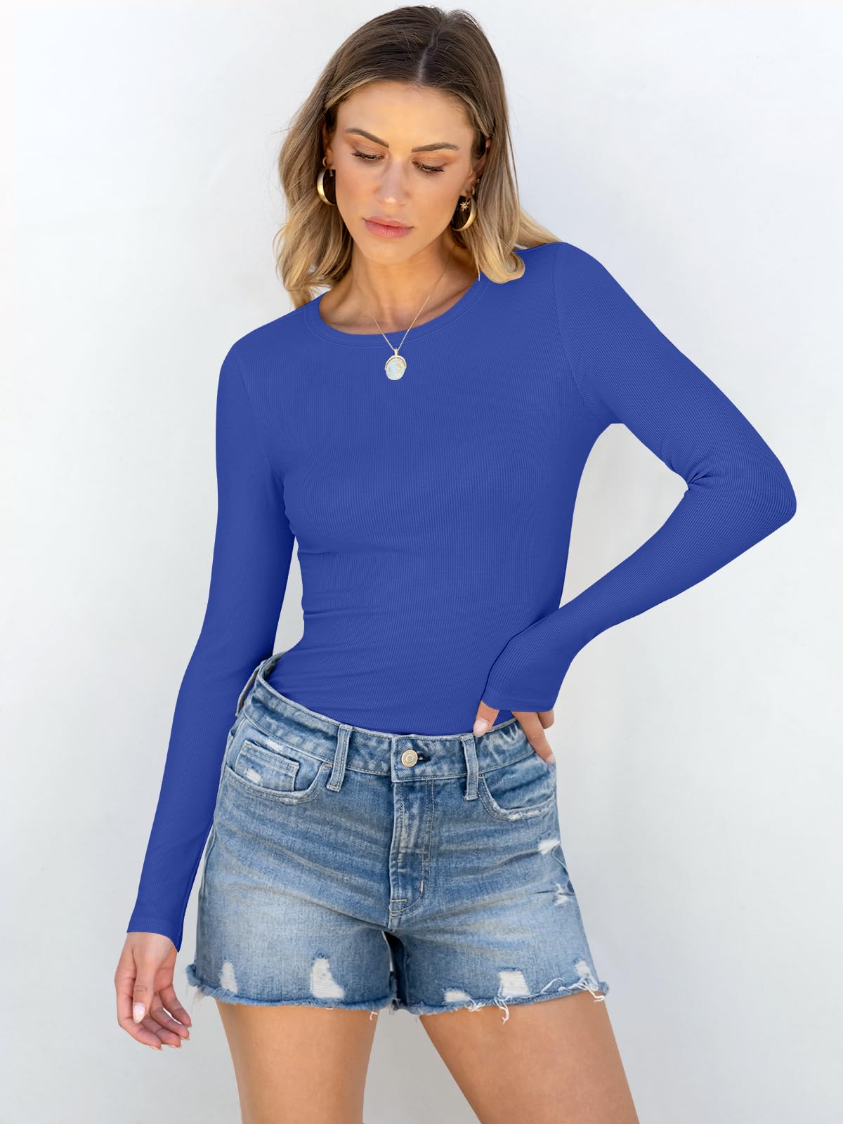 Women Long Sleeve Crewneck Rib Knit Slim Fit Shirts Basic Tee Tops