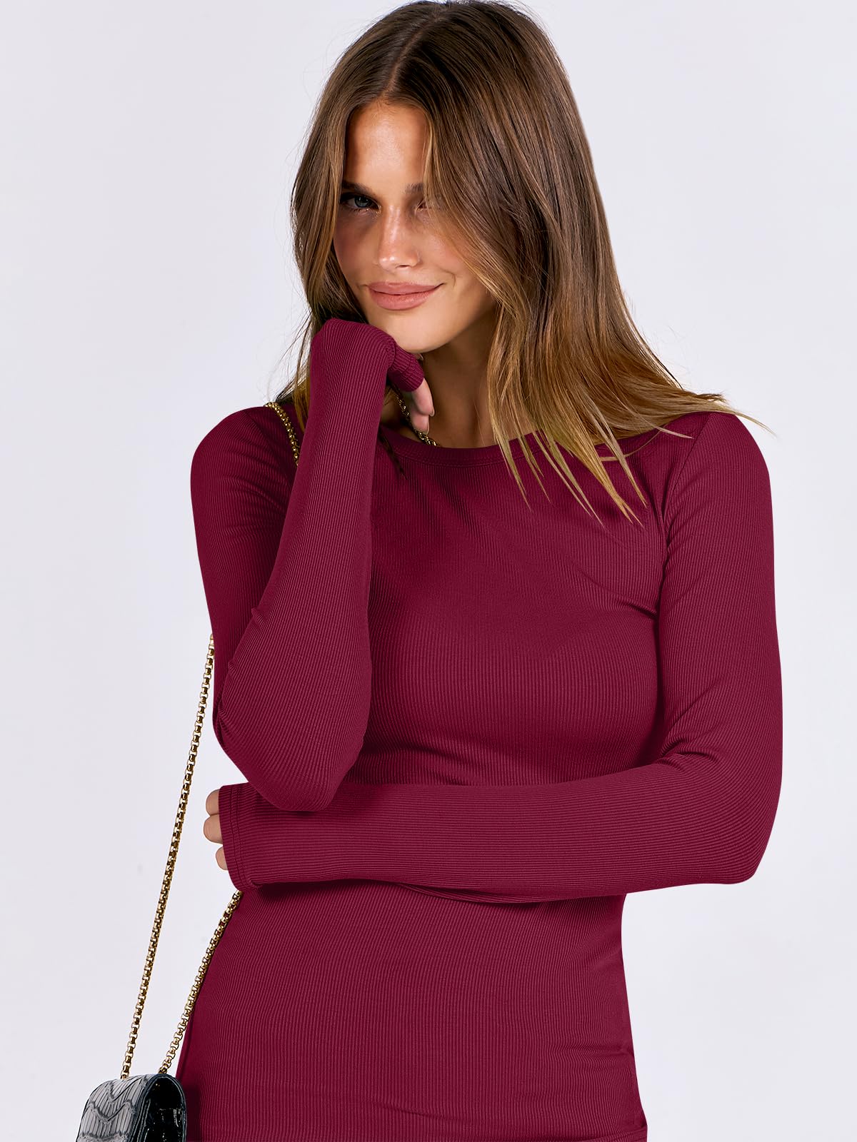 Women Long Sleeve Crewneck Rib Knit Slim Fit Shirts Basic Tee Tops