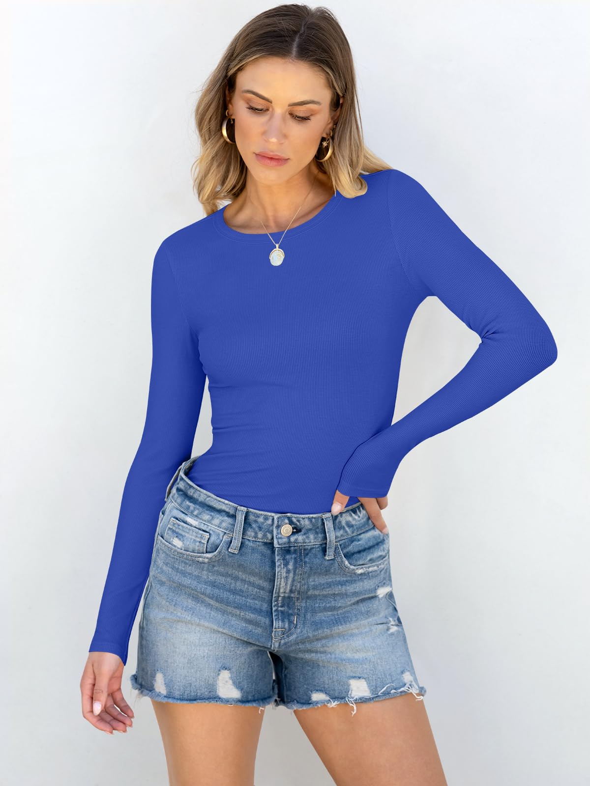 Women Long Sleeve Crewneck Rib Knit Slim Fit Shirts Basic Tee Tops