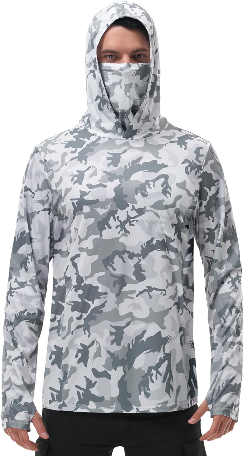 FISHEAL Men's Performance Fishing Hoodie Shirt - UPF 50+ Sun Protection Long Sleeve Thumbholes Shirts with Neck Gaiter