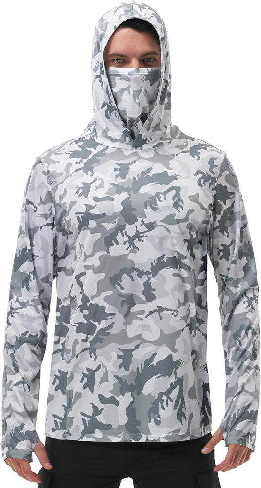 FISHEAL Men's Performance Fishing Hoodie Shirt - UPF 50+ Sun Protection Long Sleeve Thumbholes Shirts with Neck Gaiter