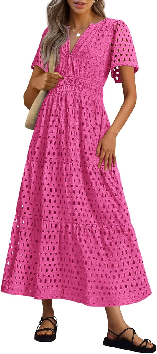 Women‘s Short Sleeve V Neck Eyelet A-Line Maxi Dress (Buy 2 Free Shipping)