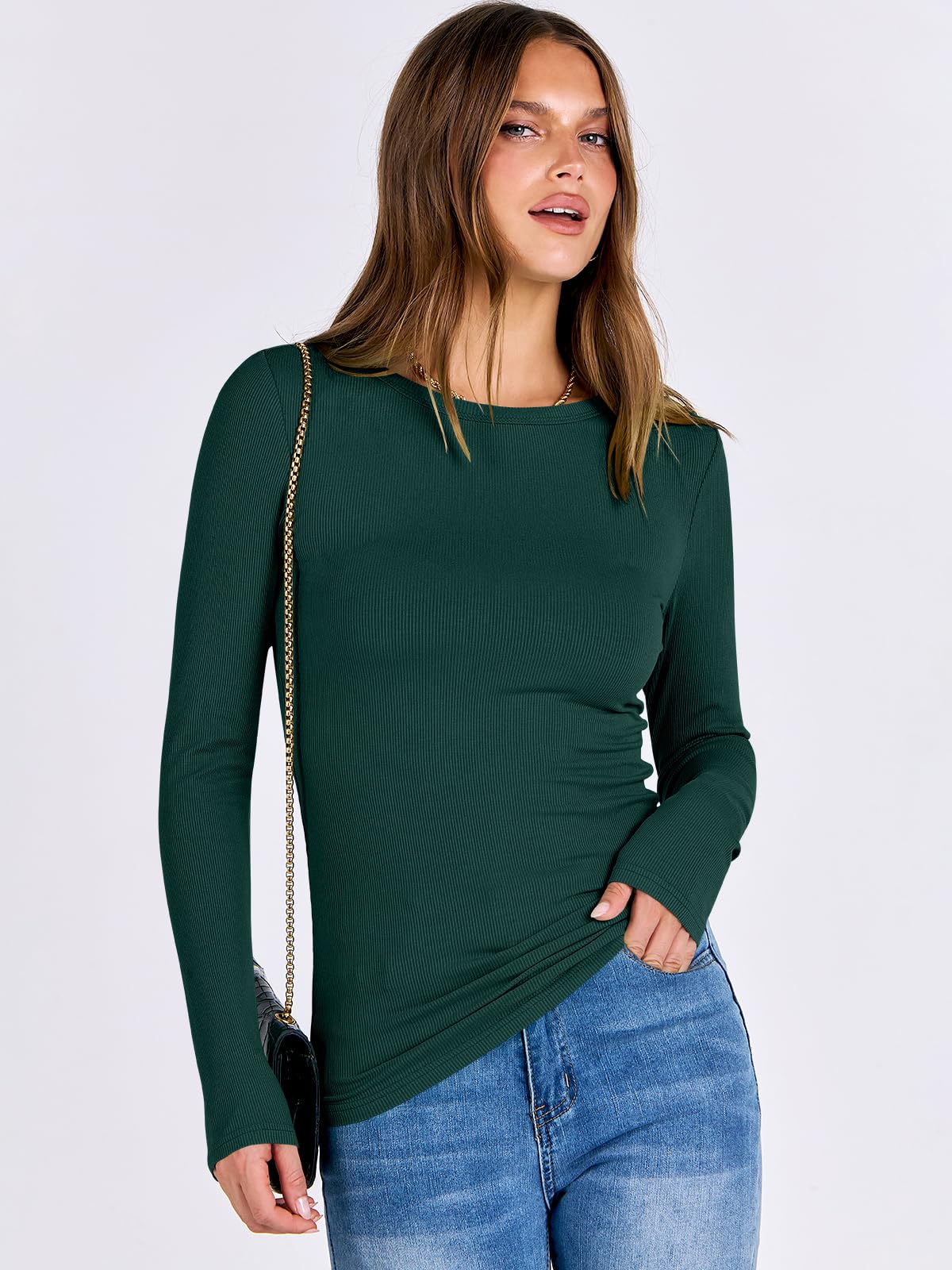 Women Long Sleeve Crewneck Rib Knit Slim Fit Shirts Basic Tee Tops