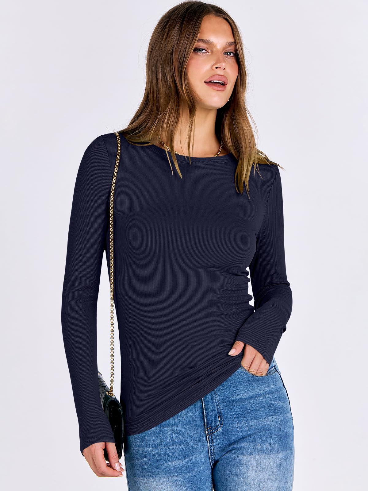 Women Long Sleeve Crewneck Rib Knit Slim Fit Shirts Basic Tee Tops