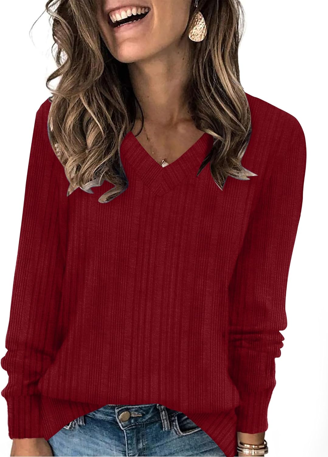 V Neck Long Sleeve Shirts for Women Casual Fall Tops Lightweight Tunic Sweaters Fashion Clothes 2024