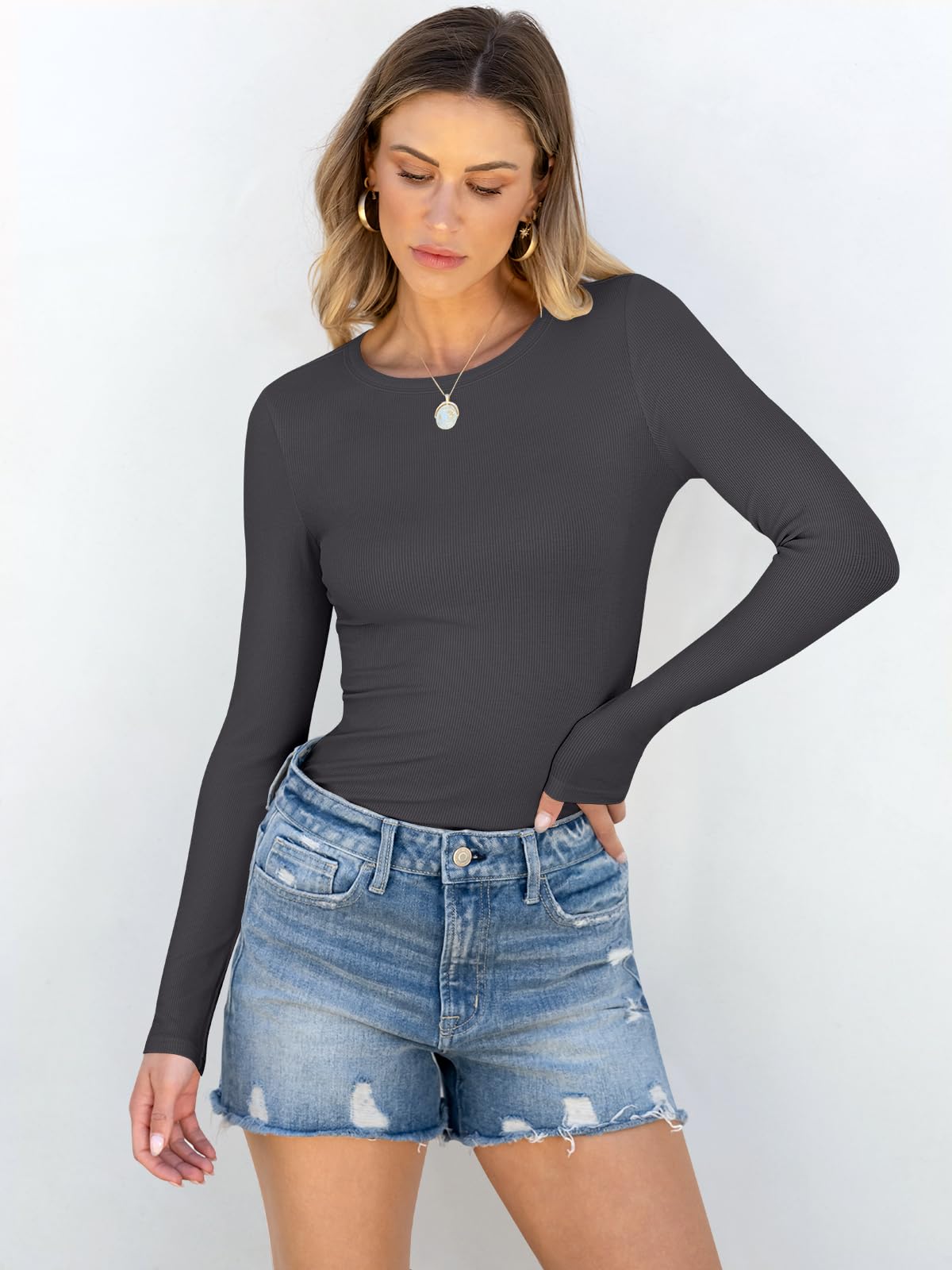 Women Long Sleeve Crewneck Rib Knit Slim Fit Shirts Basic Tee Tops