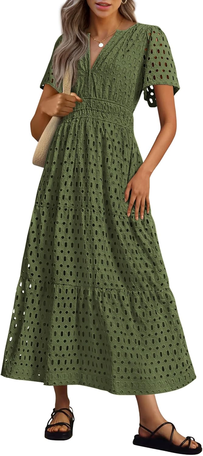 Women‘s Short Sleeve V Neck Eyelet A-Line Maxi Dress (Buy 2 Free Shipping)