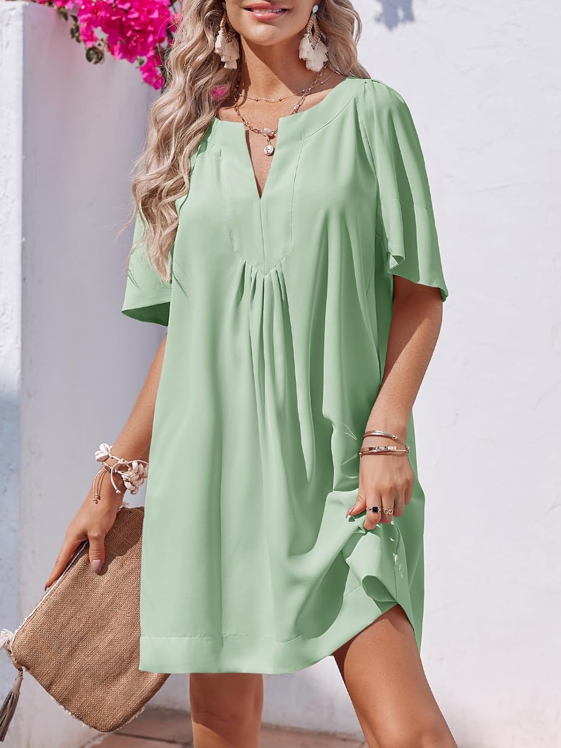 V-Neck Loose Flared Short-Sleeved Pleated Back Dress (Buy 2 Free Shipping)