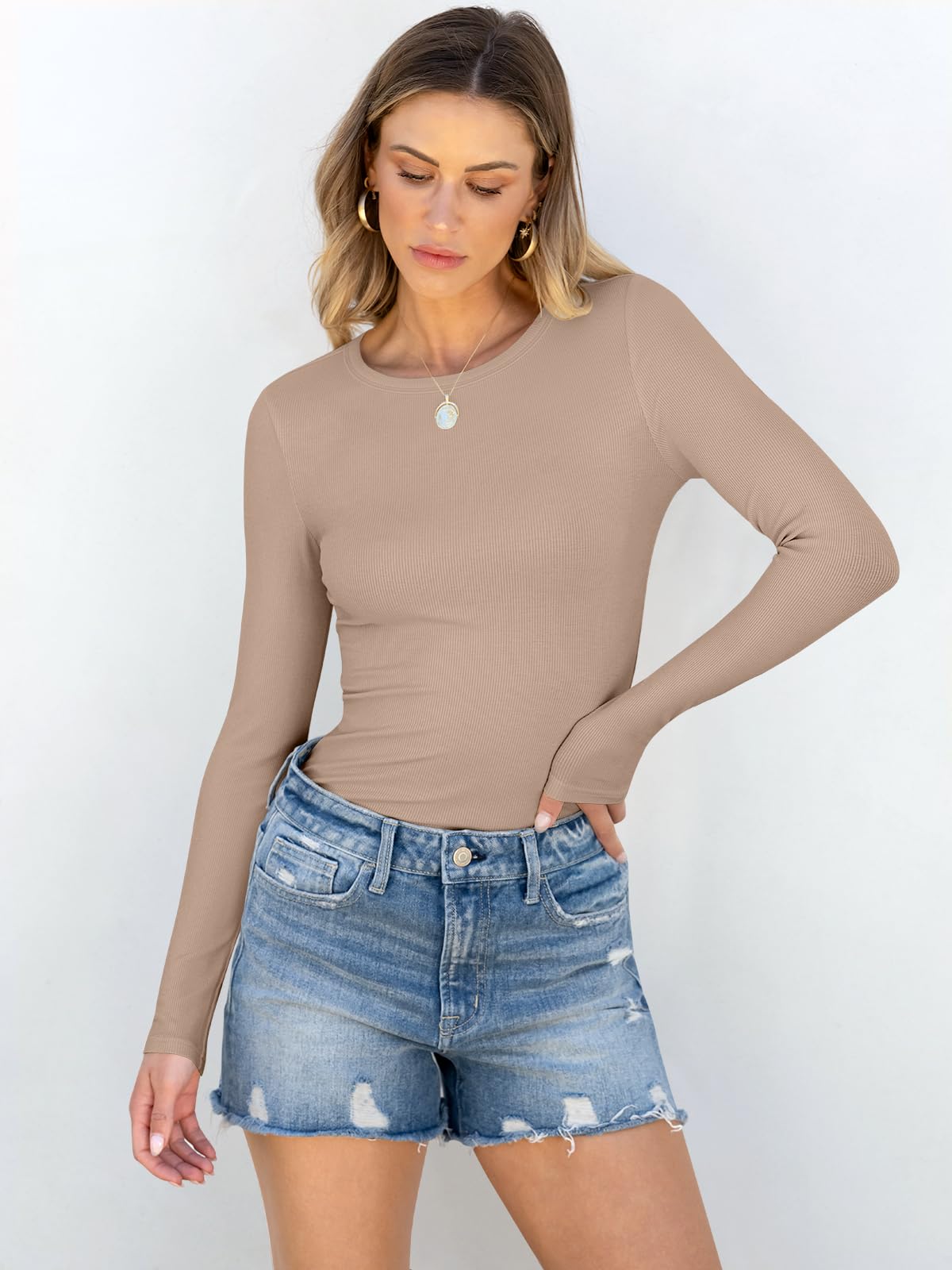 Women Long Sleeve Crewneck Rib Knit Slim Fit Shirts Basic Tee Tops