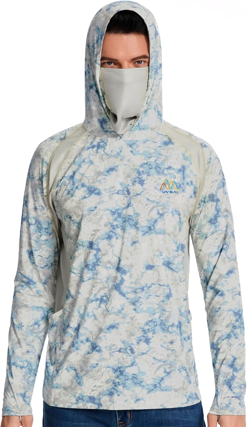 Men's UPF 50+ Hoodie Shirt with Mask Long Sleeve Permanent UV Sun Protection Neck Gaiter Performance T for Outdoor