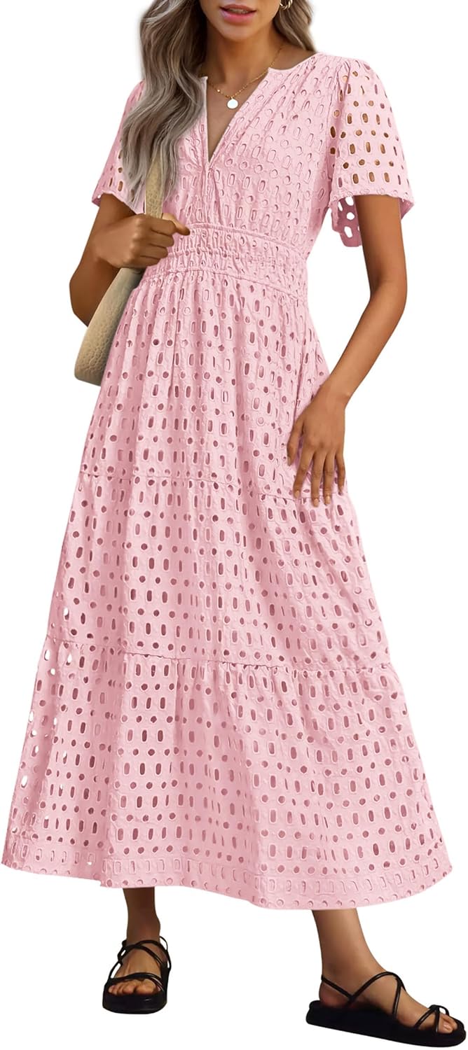 Women‘s Short Sleeve V Neck Eyelet A-Line Maxi Dress (Buy 2 Free Shipping)