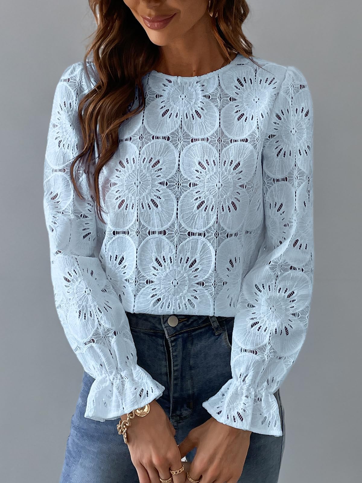 Women Eyelet Long Sleeve Tops