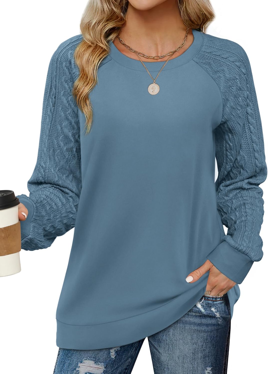 Saloogoe Sweatshirts for Women Crewneck Cable Knit Sleeve Sweaters Lightweight Fashion