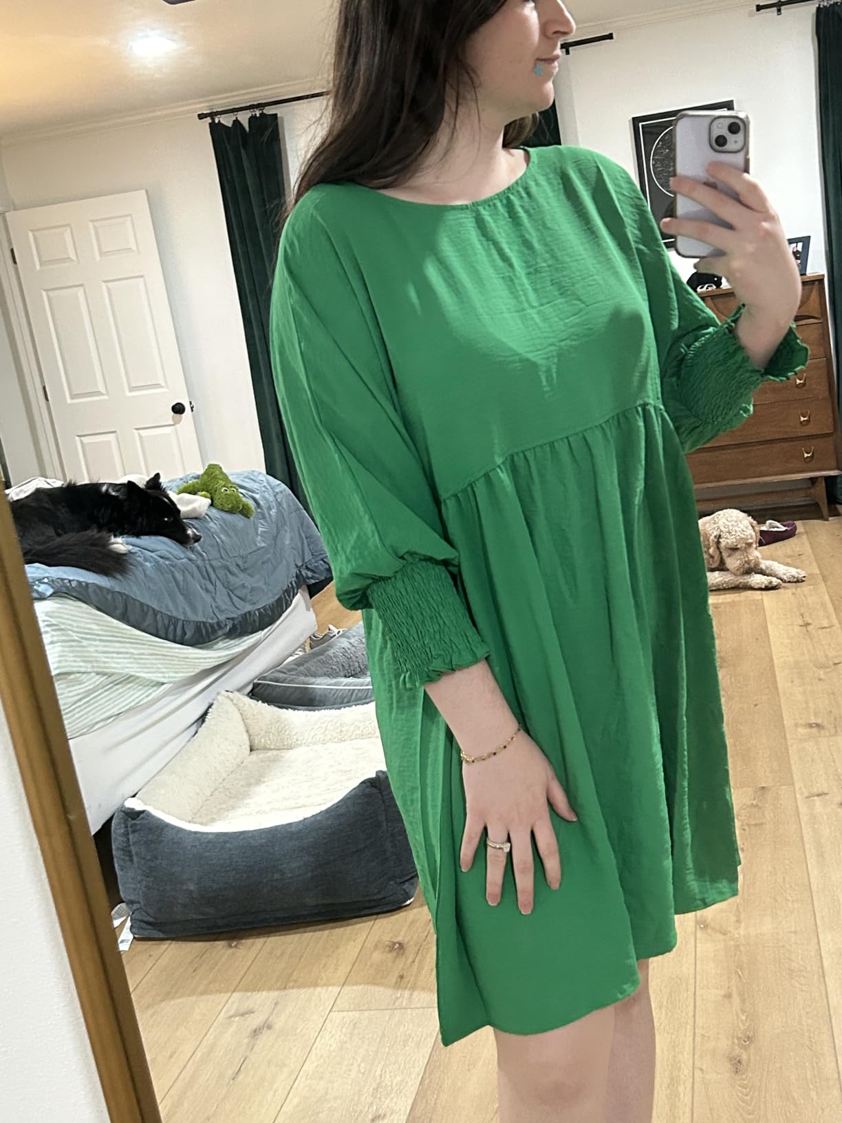  Loose Flowy Crew Neck  3/4 Sleeve Pleated T-Shirt Dress (Buy 2 Free Shipping)