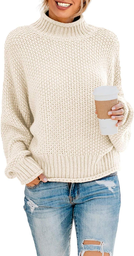 Womens 2024 Winter Fall Solid Turtleneck High Neck Balloon Long Sleeve Sweaters Pullover Outerwear