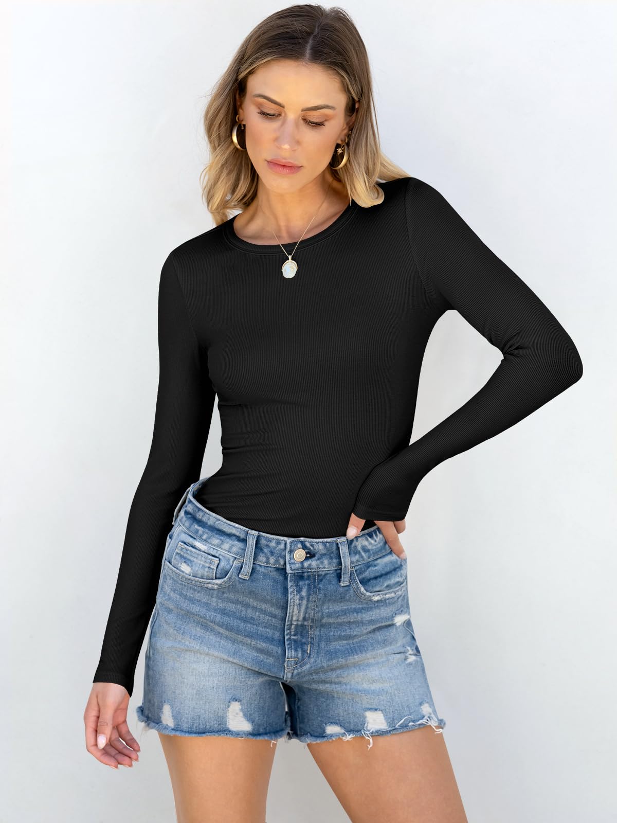 Women Long Sleeve Crewneck Rib Knit Slim Fit Shirts Basic Tee Tops