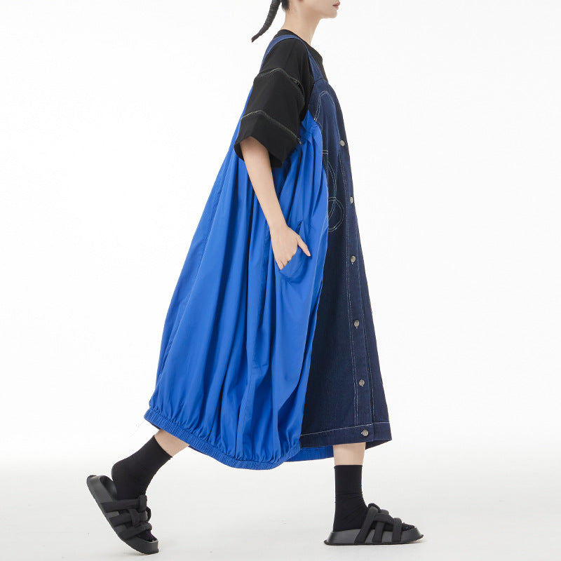 Vintage Splicing Denim Suspender Midi Dress