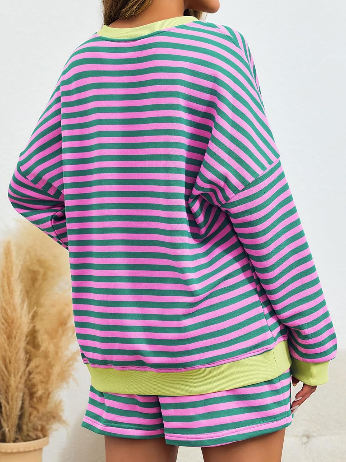 Striped Casual V-Neck Oversized Sweatshirt And Drawstring Shorts Set (Buy 2 Free Shipping)