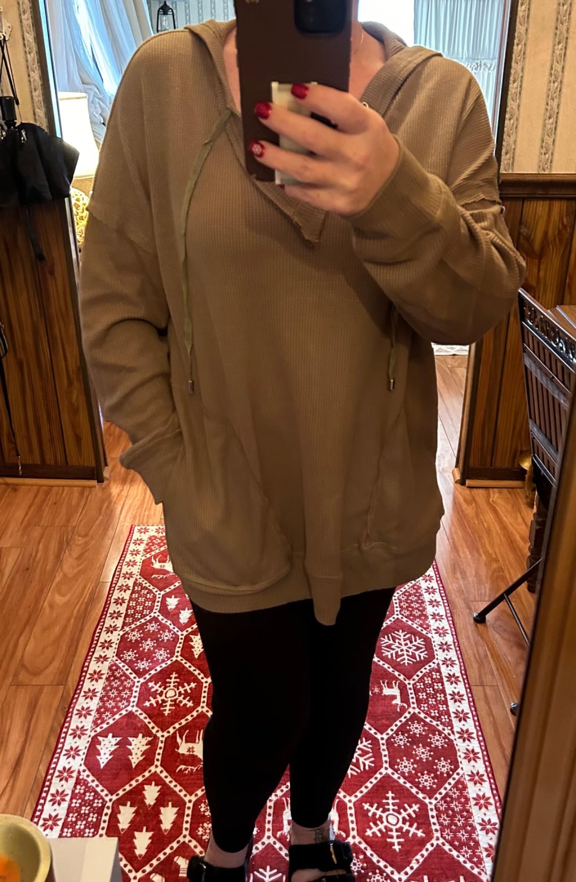 Oversized V-neck Drawstring Waffle Knit Top【Buy Two Free Shipping】