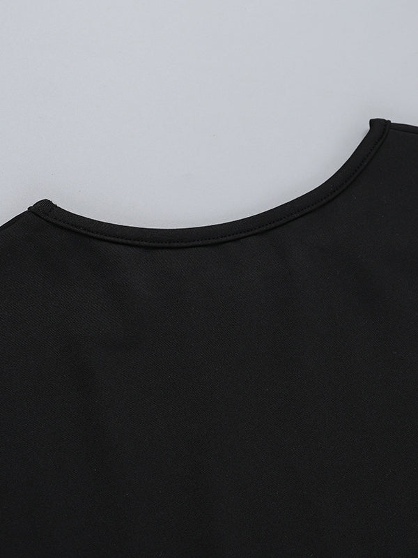 Long Sleeves Skinny Contrast Color Pleated Split-Joint Round-Neck Mini Dresses