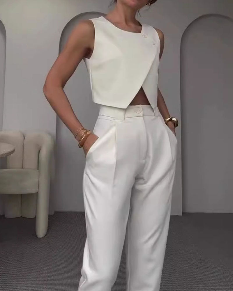 Solid Crewneck Top & Pants Two-Piece Set